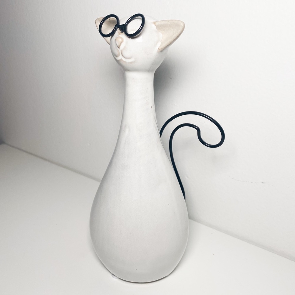 Ceramic Cat with Round Glasses, White, Cat Decor - Picture 2 of 5